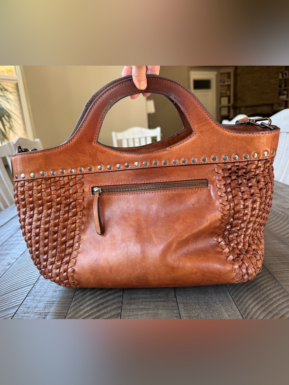 Handcrafted Brown Leather Woven Boho Mandala Shoulder Bag - Handbag - Purse - Picture 4 of 13